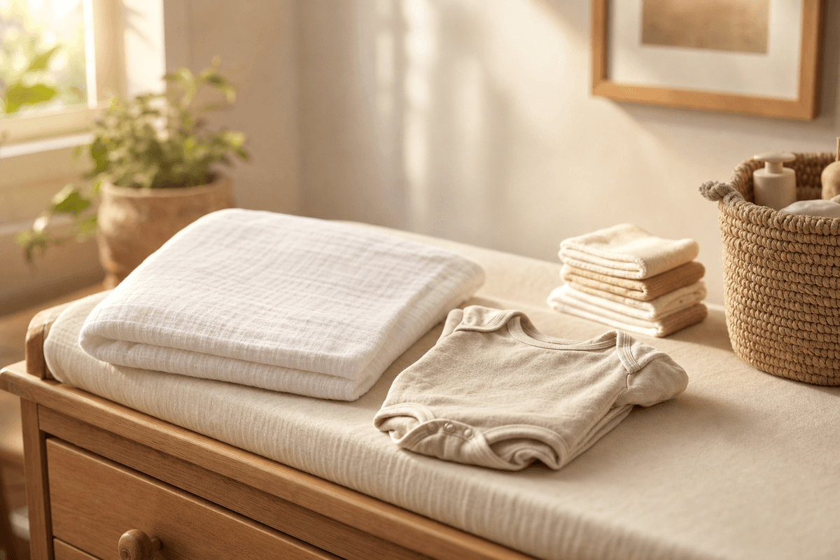 A tidy wooden nursery changing table in soft warm morning light, holding a folded white cotton swaddle, a tiny neutral onesie, and a small stack of clean cloths beside a woven basket.