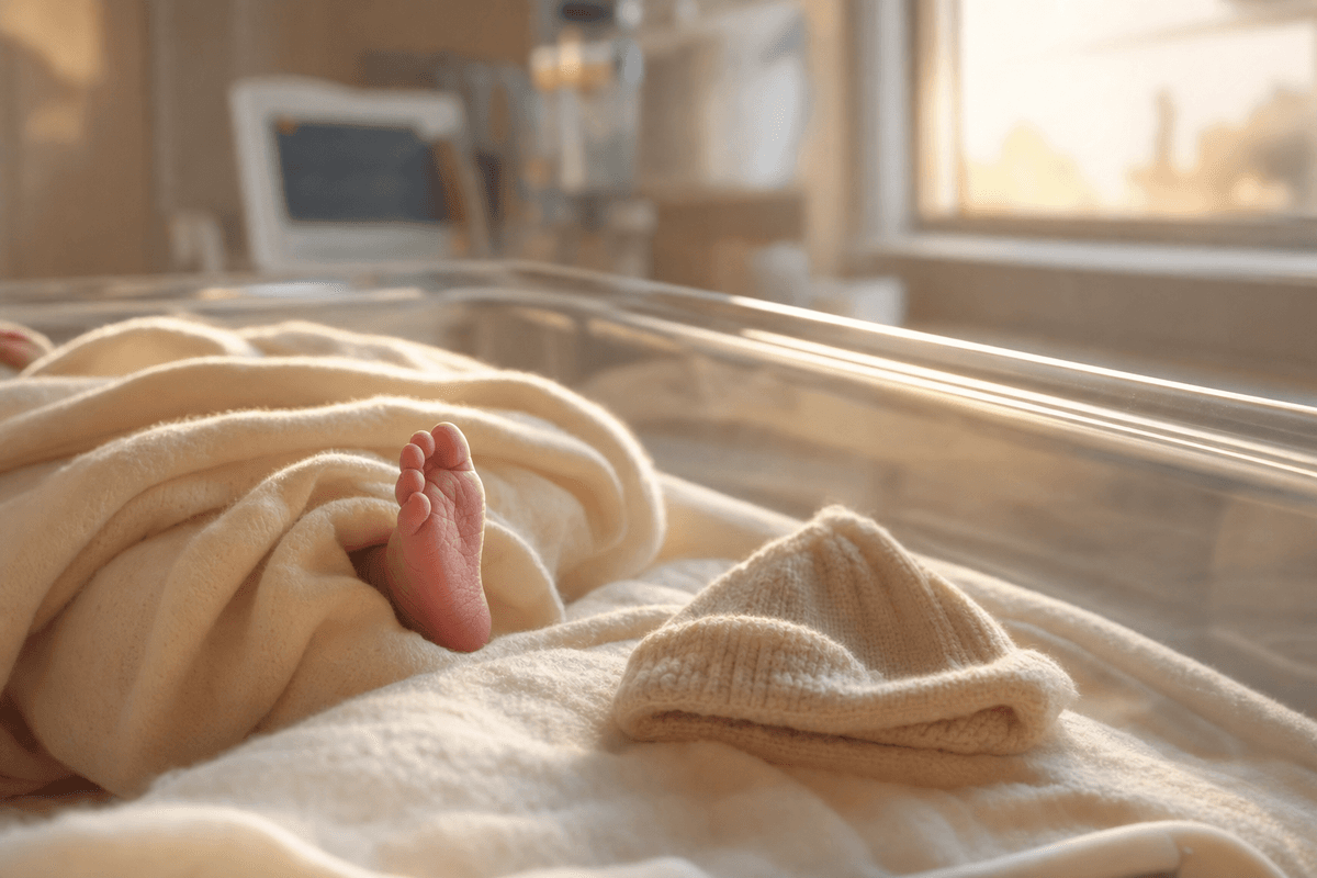 A newborn's tiny foot peeking from a soft cream swaddle inside a sunlit hospital bassinet, a little knitted hat beside it, evoking the peaceful first minutes of life.