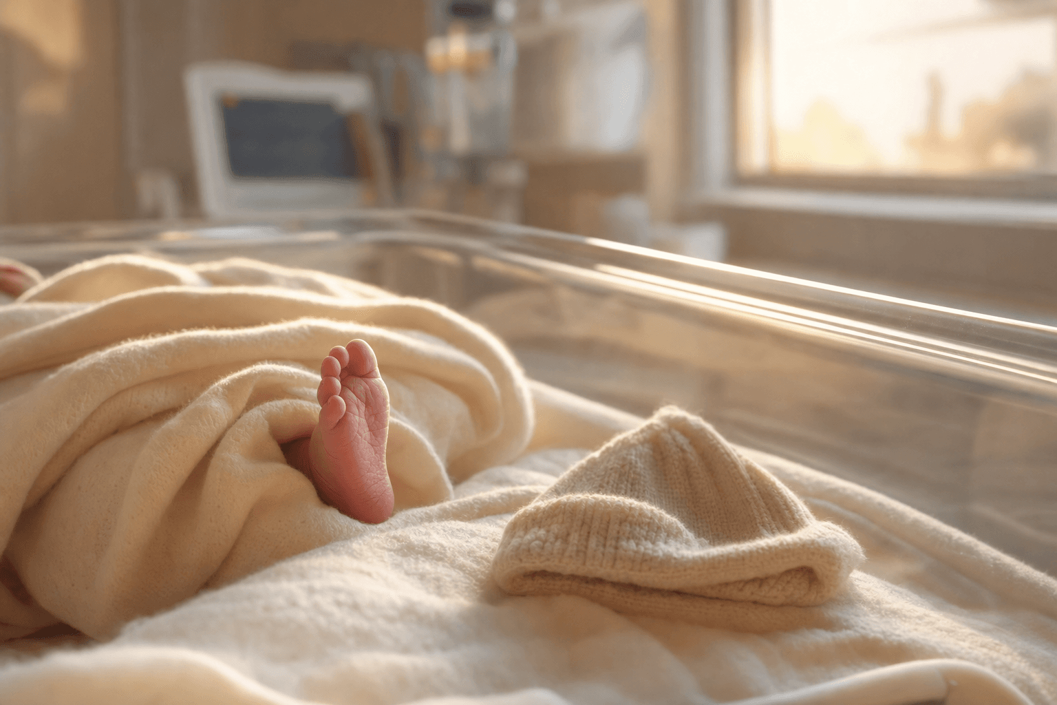 A newborn's tiny foot peeking from a soft cream swaddle inside a sunlit hospital bassinet, a little knitted hat beside it, evoking the peaceful first minutes of life.