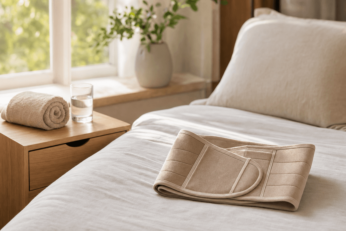 A softly folded beige abdominal support binder resting on a sunlit bed beside a rolled towel and glass of water, evoking calm c-section recovery at home.