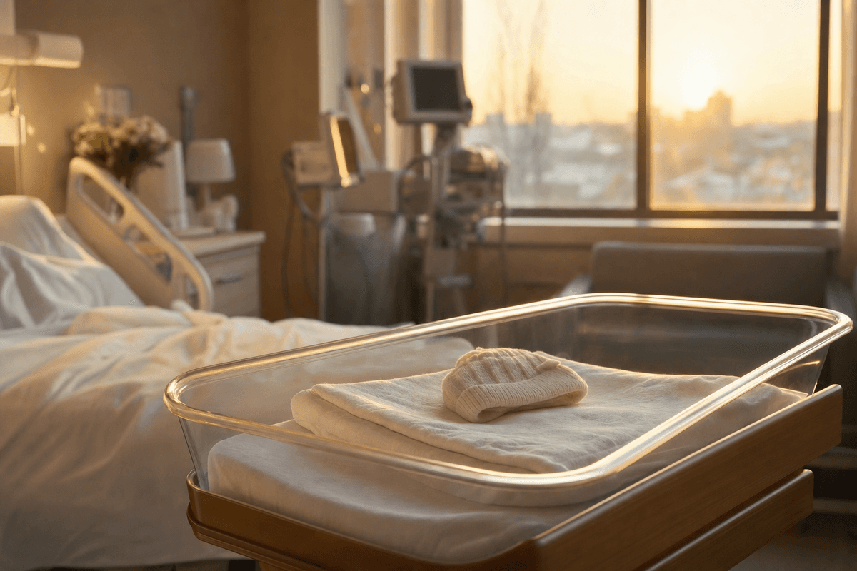 A soft folded swaddle blanket resting on a hospital bassinet in a warm, sunlit maternity room, with gentle medical equipment softly out of focus at golden hour.