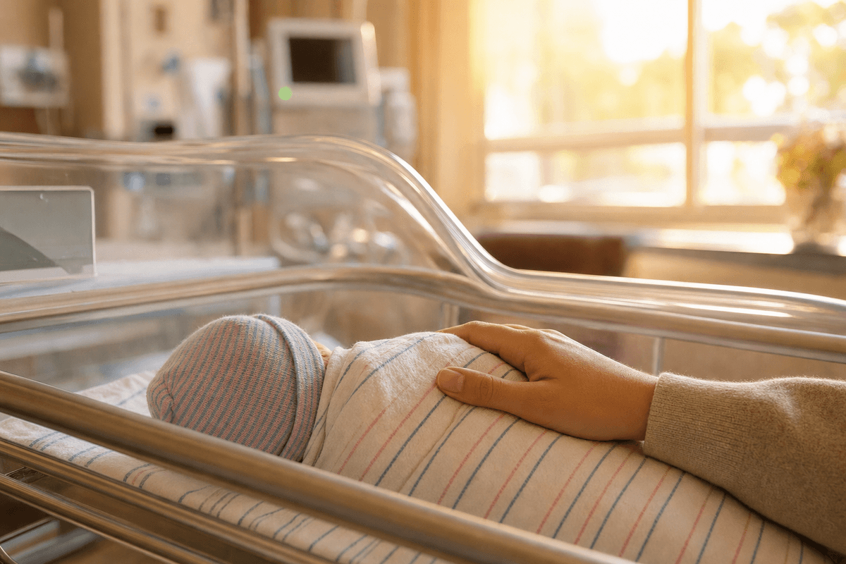 A parent's hand resting tenderly on a swaddled newborn sleeping in a hospital bassinet, bathed in soft golden window light, evoking calm first hours together after birth.