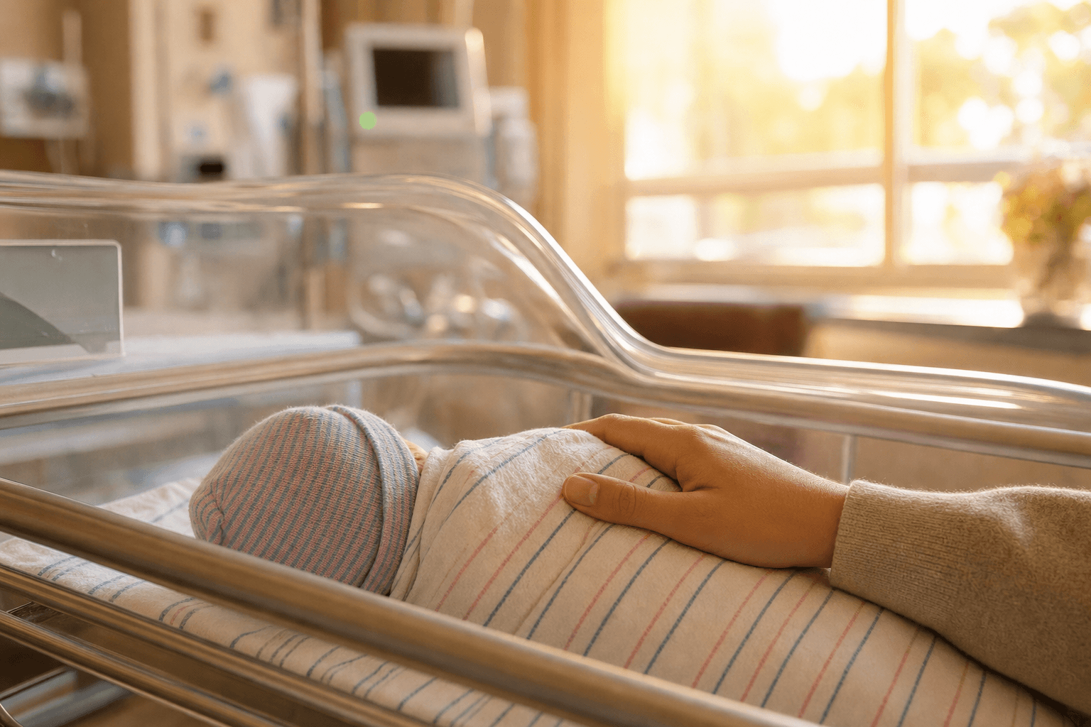 A parent's hand resting tenderly on a swaddled newborn sleeping in a hospital bassinet, bathed in soft golden window light, evoking calm first hours together after birth.