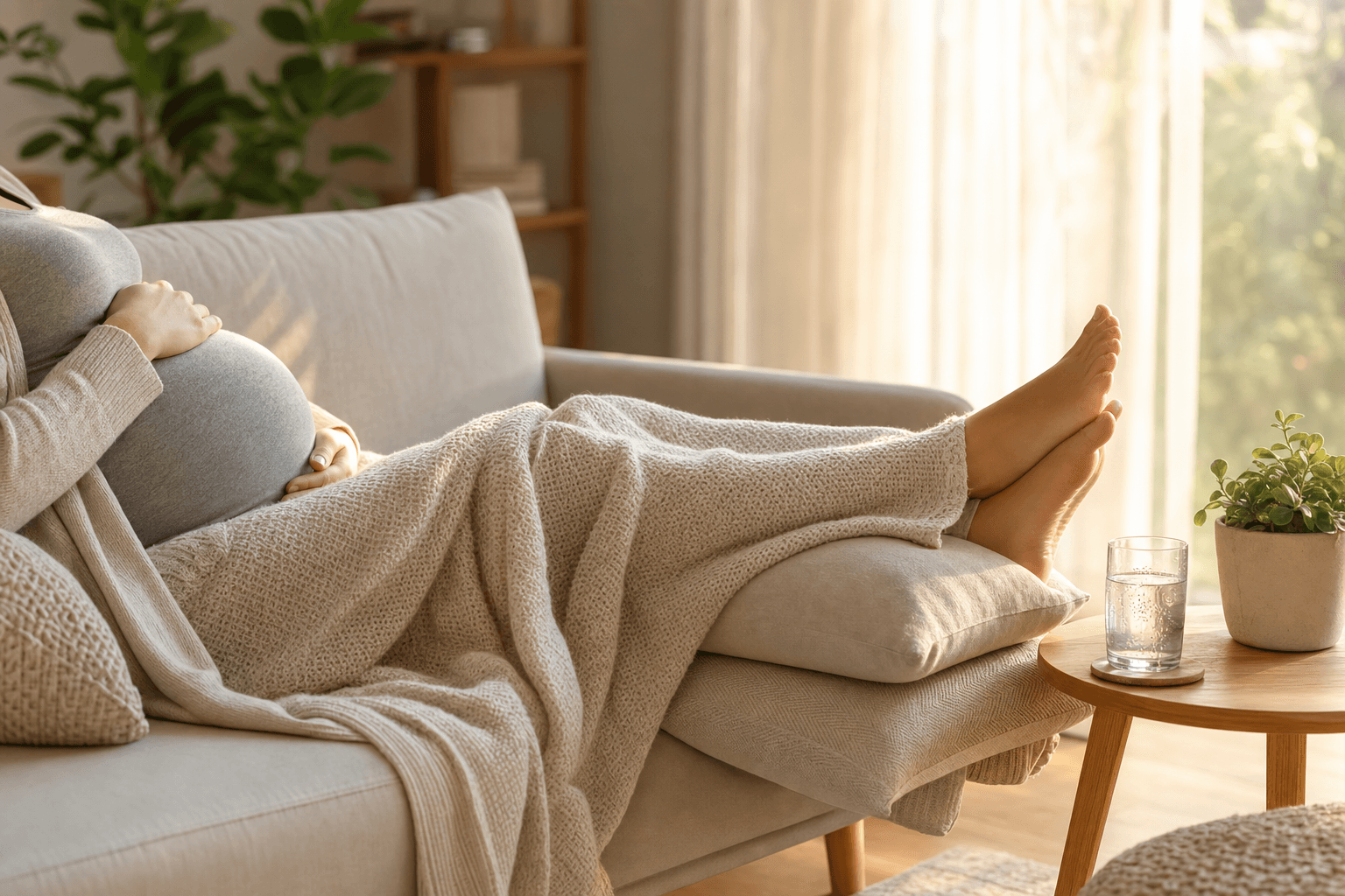 An expectant mother resting on a linen sofa with her legs gently elevated on soft cushions under a knit blanket, bathed in warm afternoon light, evoking calm and circulation-easing rest.