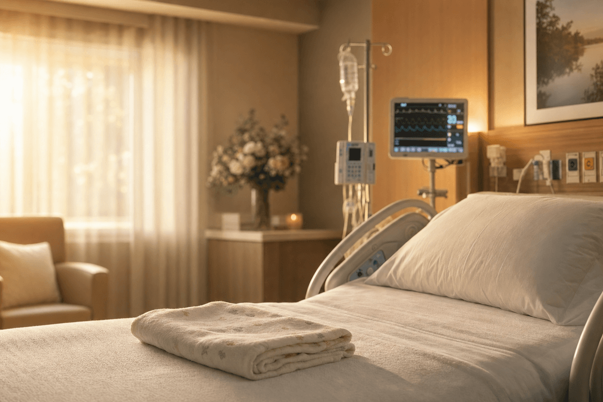 A calm, softly-lit birthing suite at golden hour, with a neatly made bed, a small folded baby blanket, and gentle medical equipment blurred in the warm background.