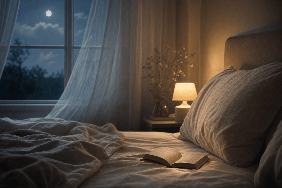 A softly rumpled bed beside a moonlit window, warm bedside lamplight glowing over linen pillows and an open book, evoking quiet rest and dreaming.