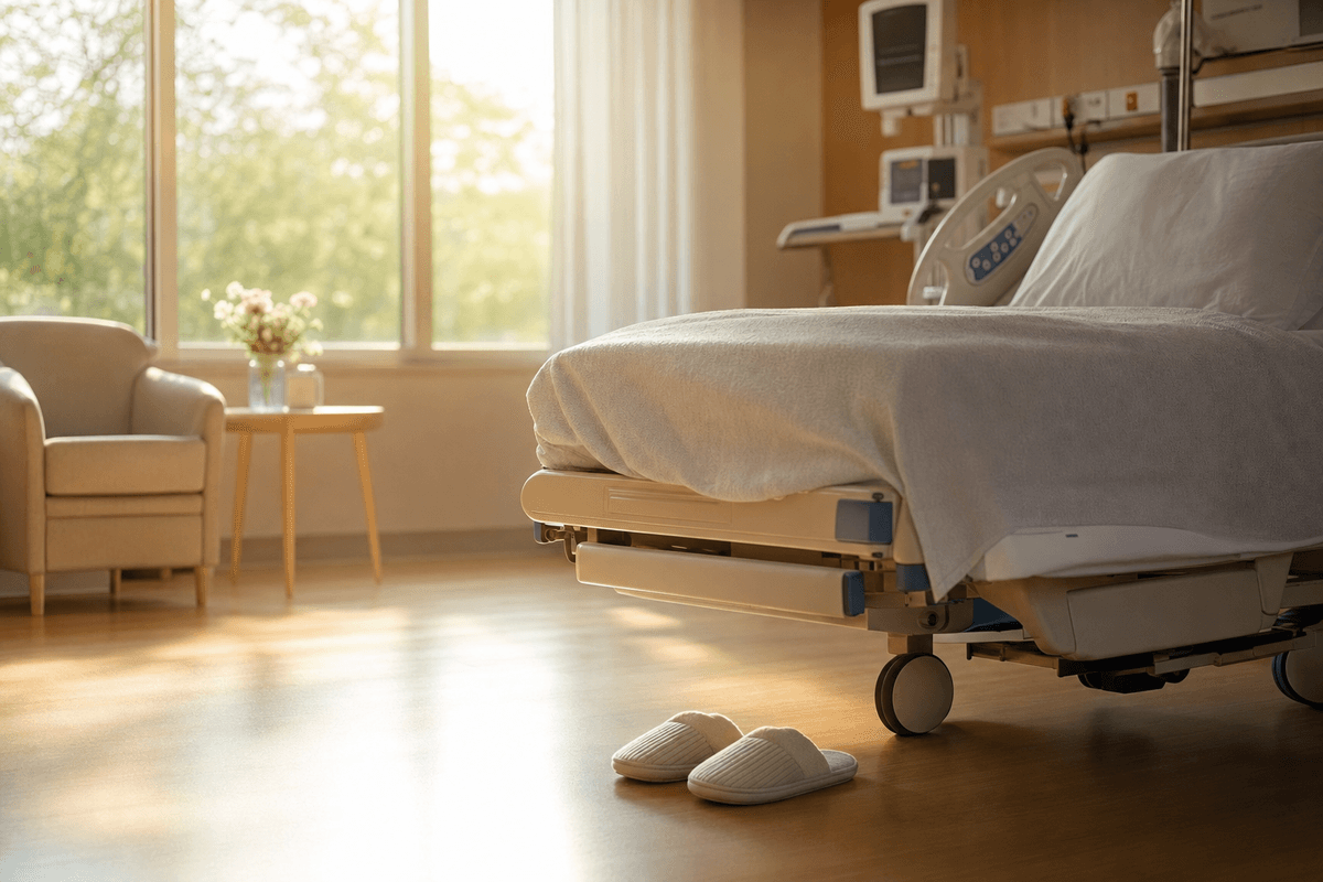 A pair of soft slippers resting beside a hospital bed in a sunlit labor room, warm morning light evoking calm mobility and reassurance.