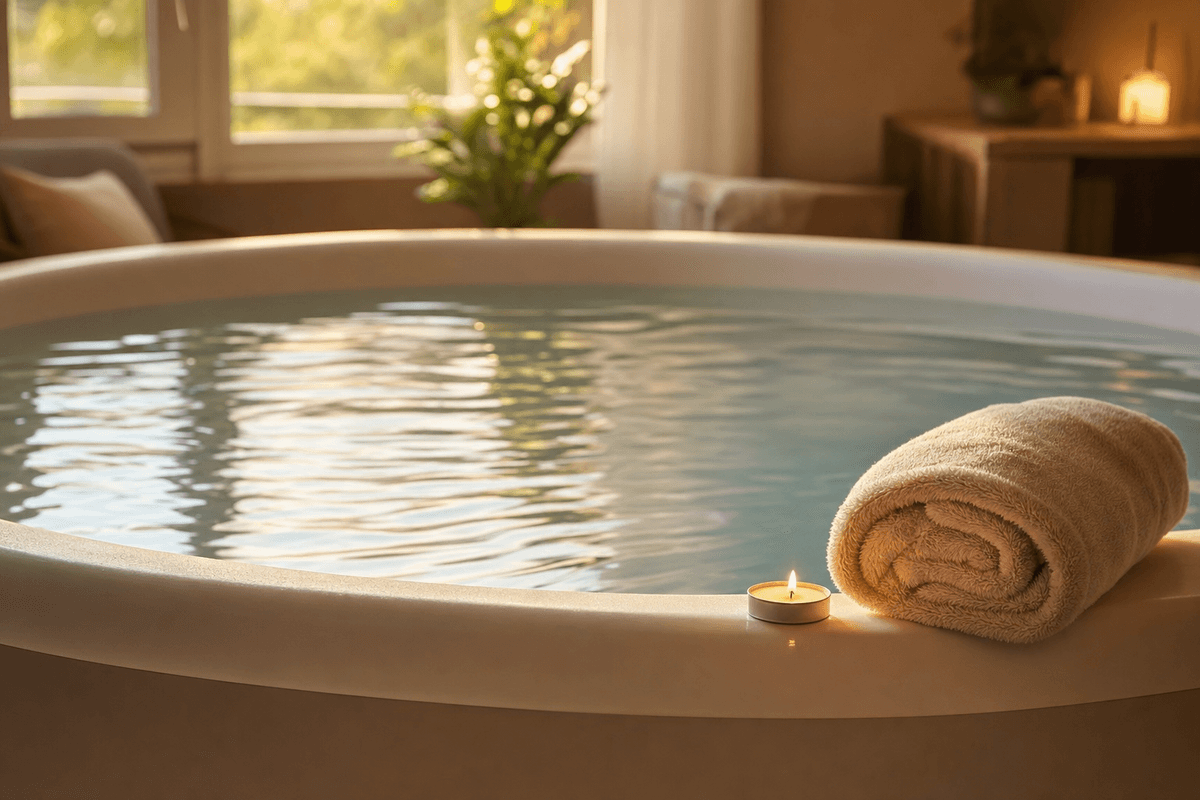 A warm-water birthing pool with gentle ripples catching golden afternoon light, a rolled soft towel and a single floating tealight resting on its edge in a calm sunlit suite.