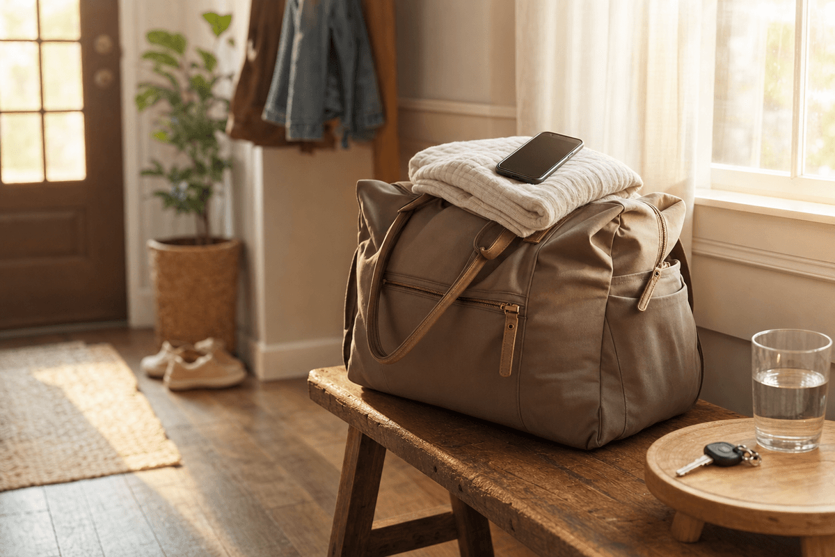 A packed overnight bag with a phone and folded blanket resting on a wooden bench by a sunlit entryway, keys and a glass of water nearby, ready to head out calmly.