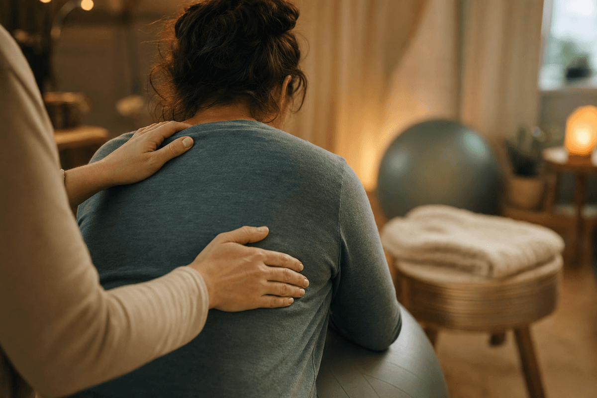 A doula's hands resting gently on the back and shoulder of a laboring mother seen from behind in a warm, softly lit birthing room, conveying calm, steady support.