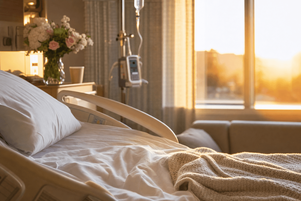 A calm hospital birthing room at golden hour with soft white bedding, a knitted blanket, and an IV pole standing gently beside a vase of flowers in warm light.
