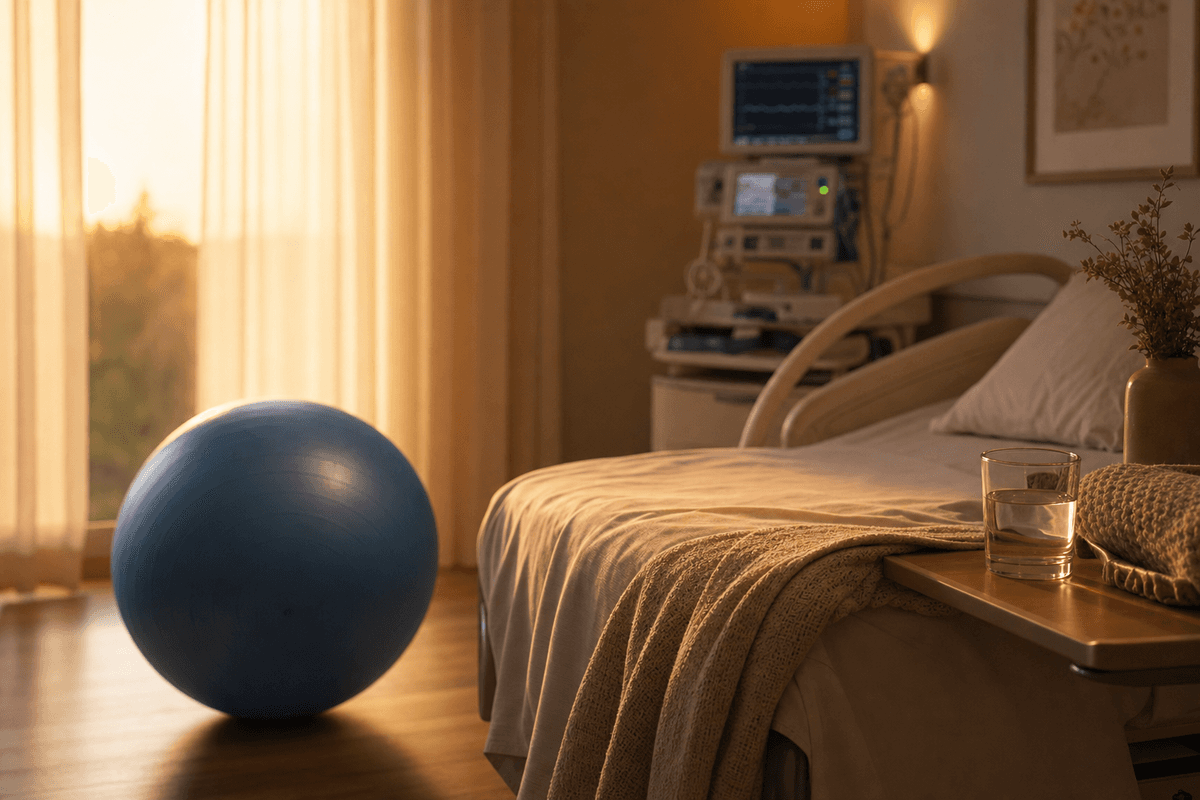 A blue birthing ball beside a softly made hospital bed in a calm birth room glowing with warm golden-hour light, evoking the slow, focused rhythm of active labor