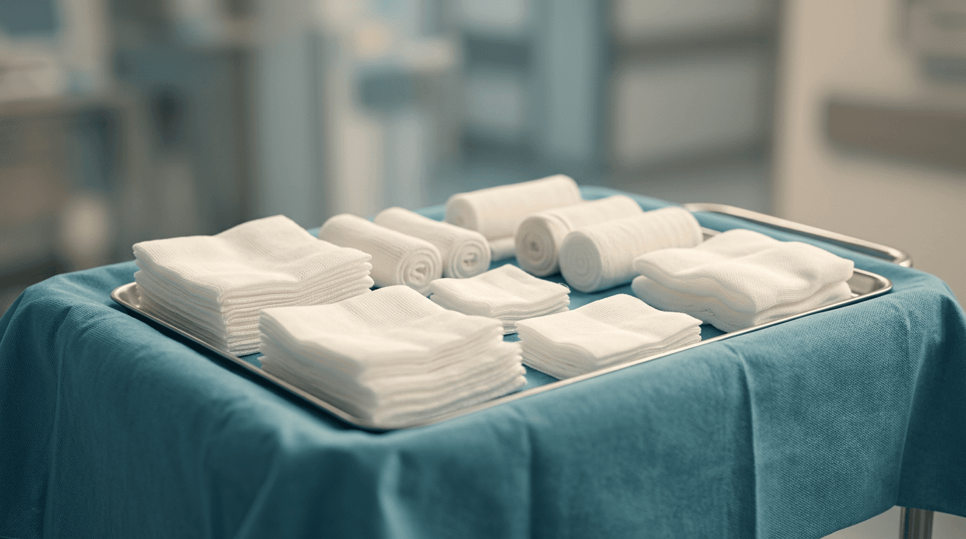 A calm, organized sterile tray with soft blue drape and white gauze, orderly and reassuring