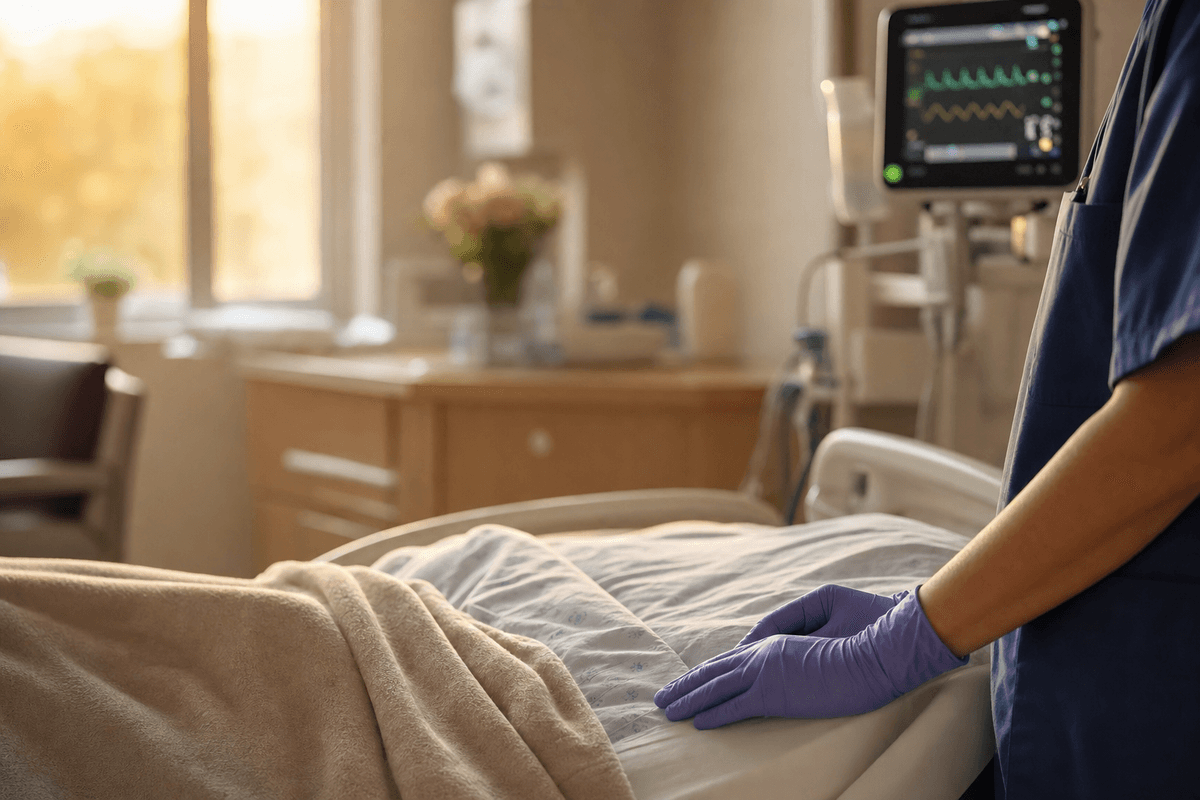 A clinician's gloved hand resting gently on a soft blanket beside a hospital bed, with a vitals monitor glowing softly in warm window light.