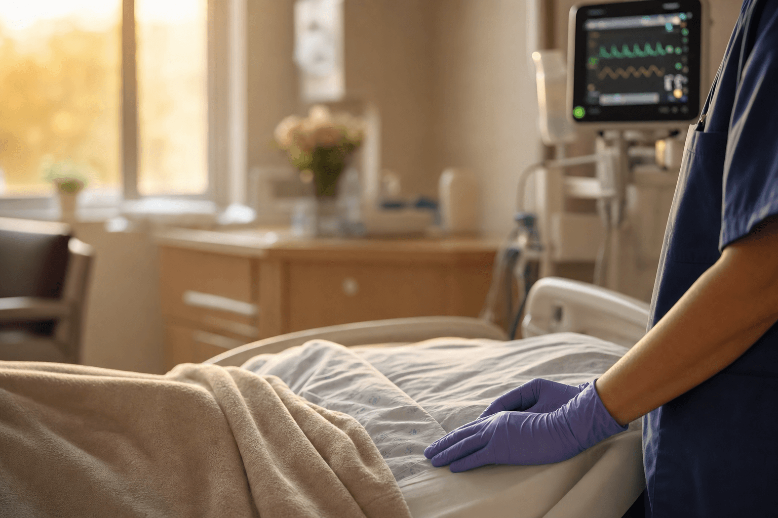 A clinician's gloved hand resting gently on a soft blanket beside a hospital bed, with a vitals monitor glowing softly in warm window light.