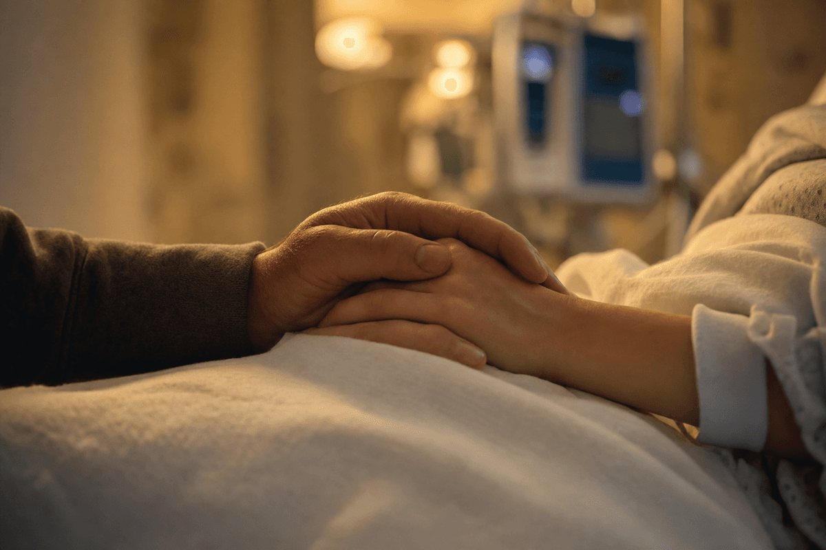Two hands gently clasped together in support on a soft hospital blanket, bathed in warm golden lamplight with medical equipment softly blurred in the background.
