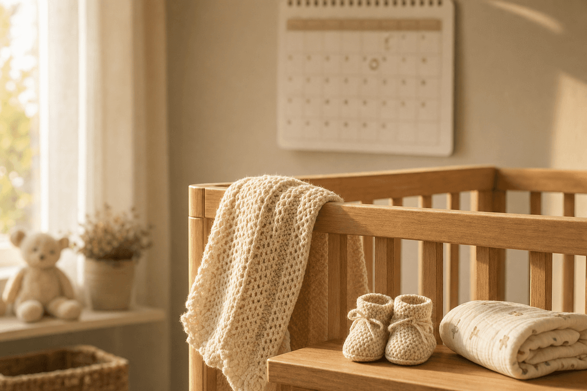 A cream knitted blanket and tiny booties resting on a sunlit wooden crib, with a soft wall calendar behind, evoking the quiet final weeks of waiting.