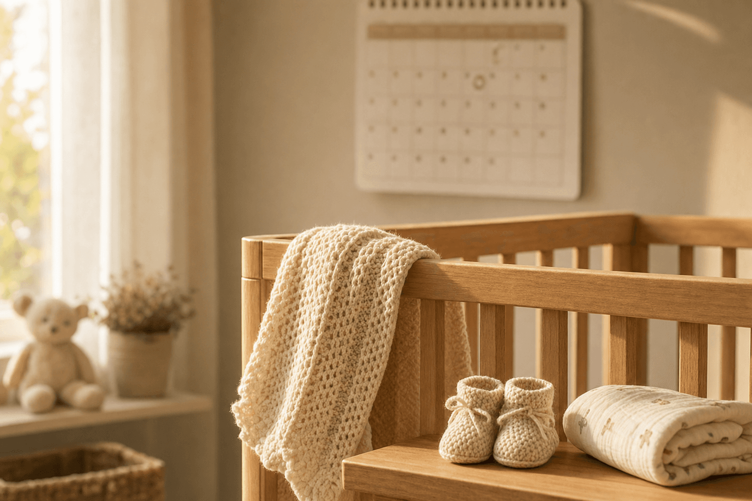 A cream knitted blanket and tiny booties resting on a sunlit wooden crib, with a soft wall calendar behind, evoking the quiet final weeks of waiting.