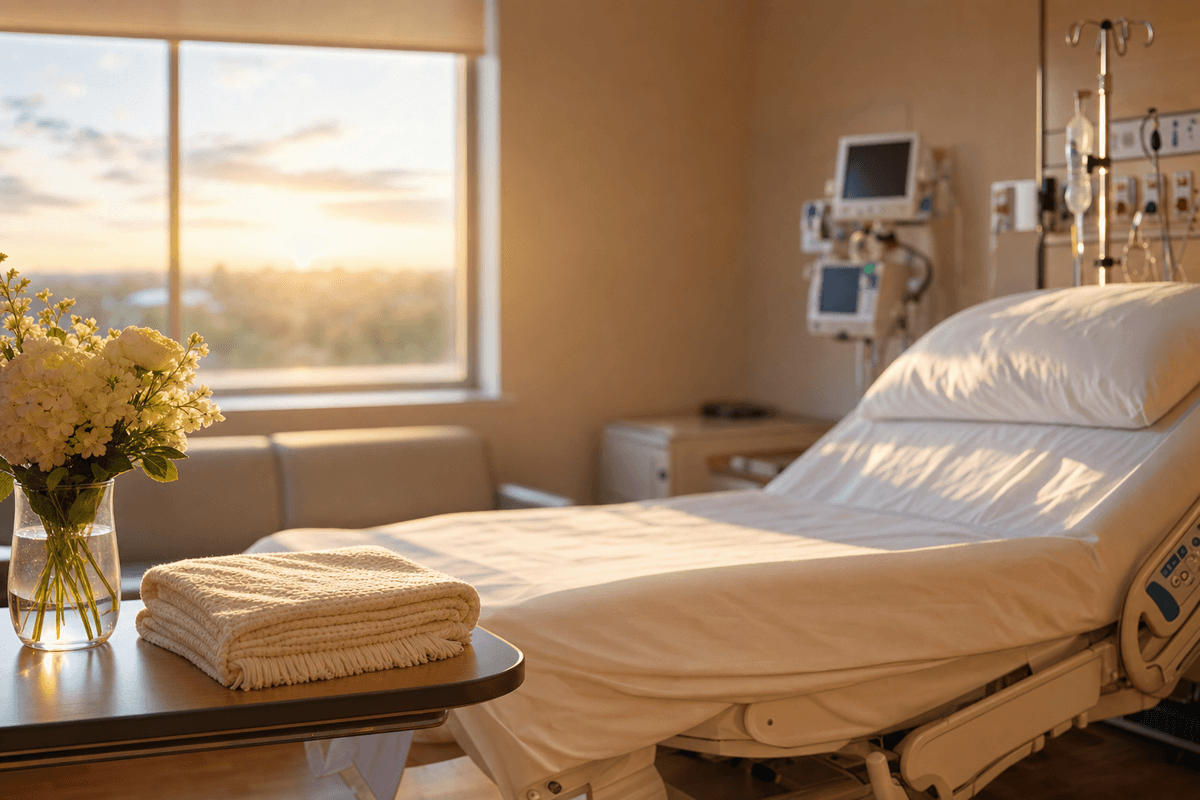 A calm hospital labor room at dawn, warm golden light on neatly folded linens and a small vase of flowers, with monitoring equipment softly blurred in the background