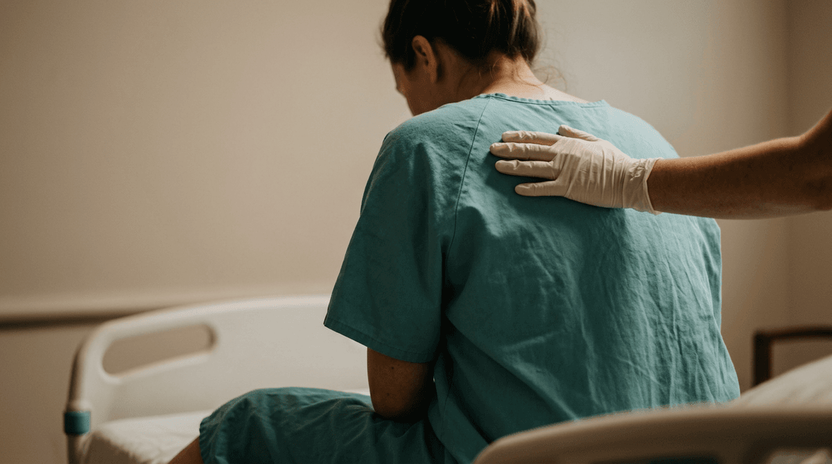 A woman in a hospital gown sits calmly on the edge of a hospital bed while a provider's gloved hand rests steadily on her upper back