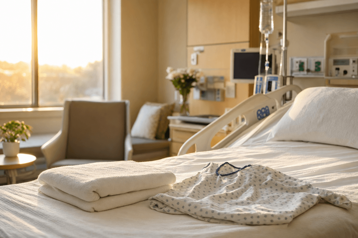 A neatly folded blanket and a soft hospital gown resting on a made bed in a calm, sunlit labor room, with monitoring equipment gently out of focus