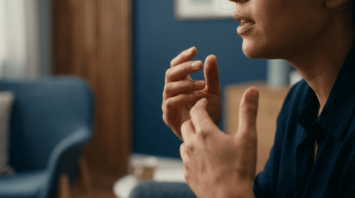 Expressive hands gesturing confidently near a face, conveying self-advocacy and empowerment