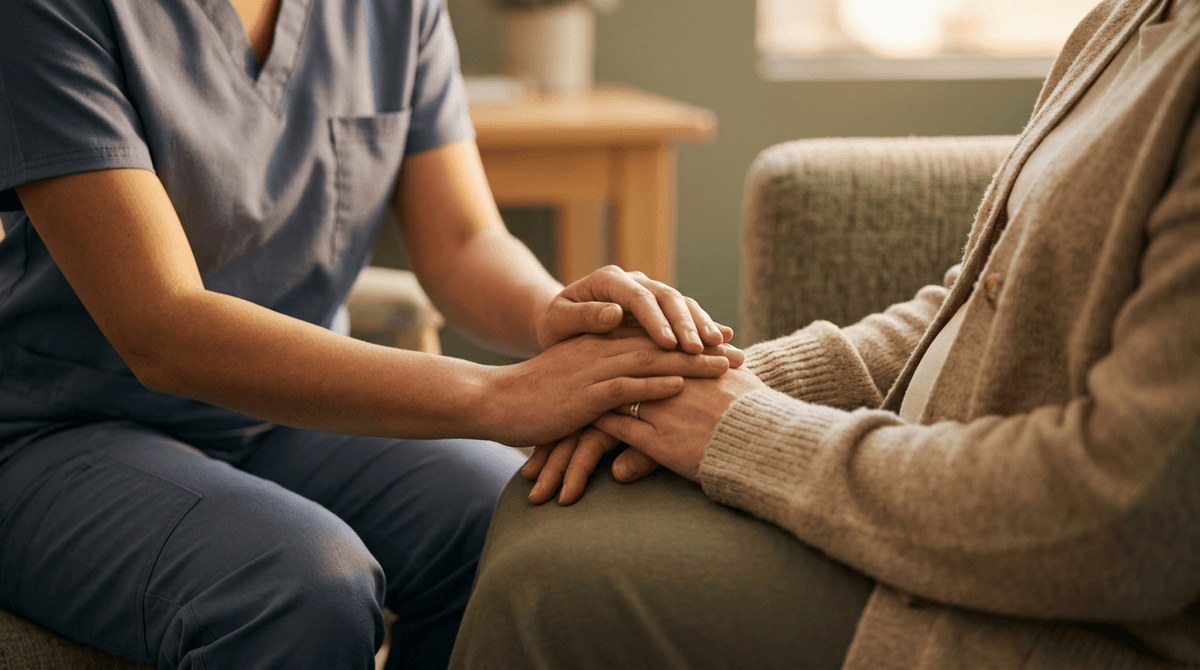 A doctor's hands in scrubs gently resting over a patient's hands, conveying safety and reassurance