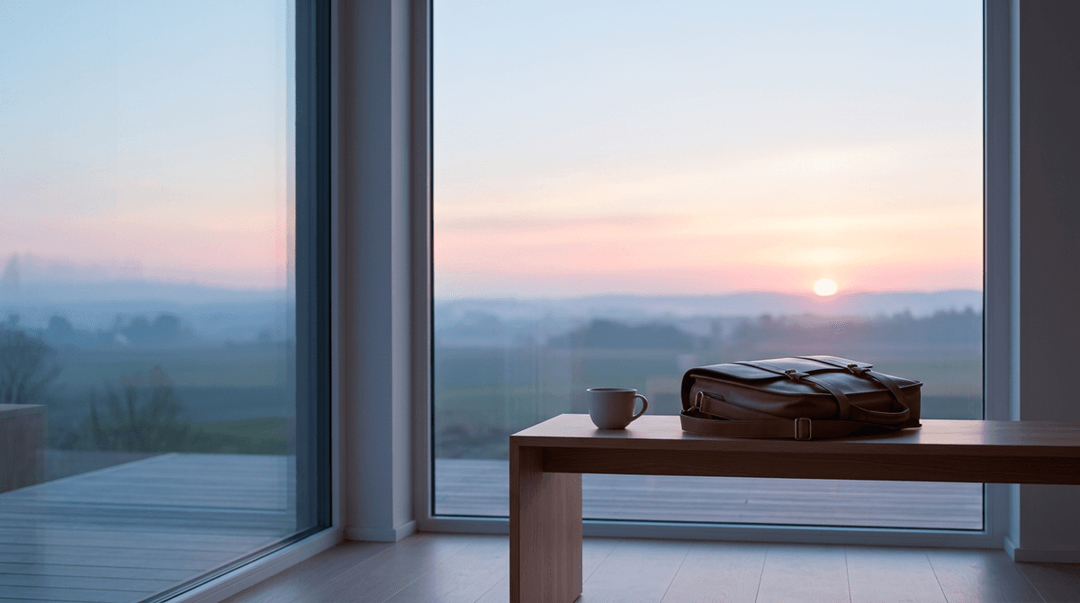 Early dawn light breaking through a modern window, quiet and anticipatory