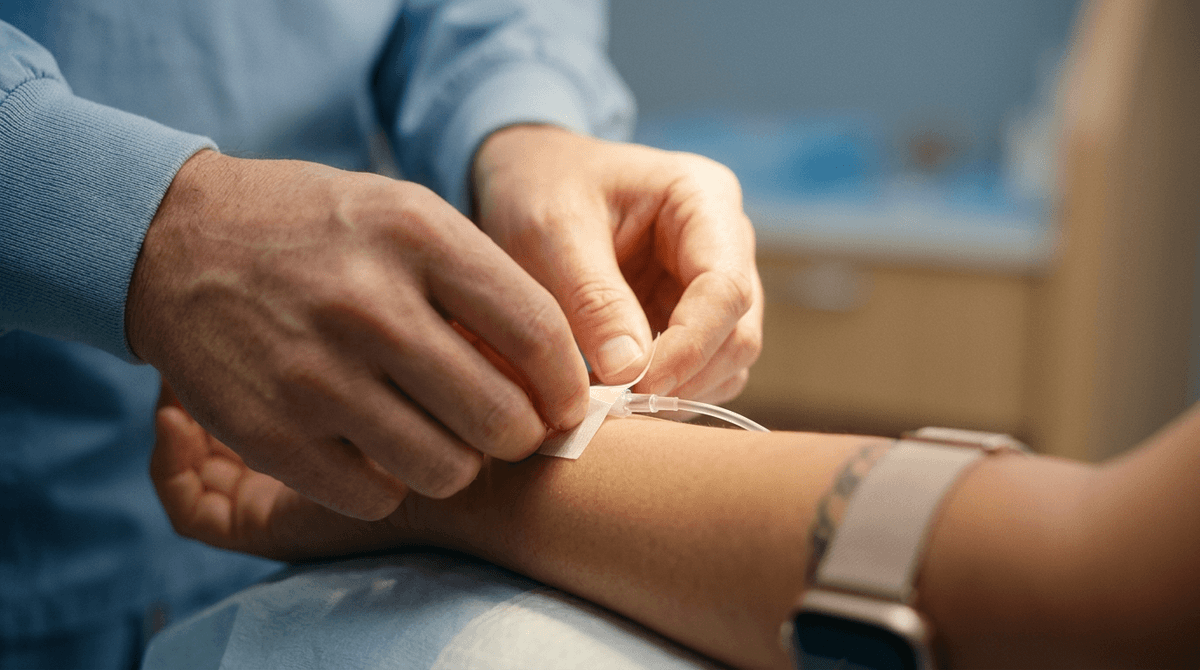 An anesthesiologist's hands carefully placing medical tape, conveying meticulous care and attention to detail