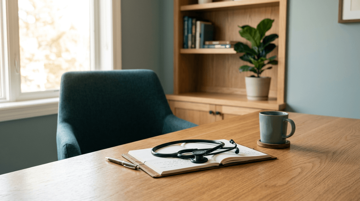 A warmly lit doctor's consultation room with a stethoscope resting on a notebook, inviting and professional