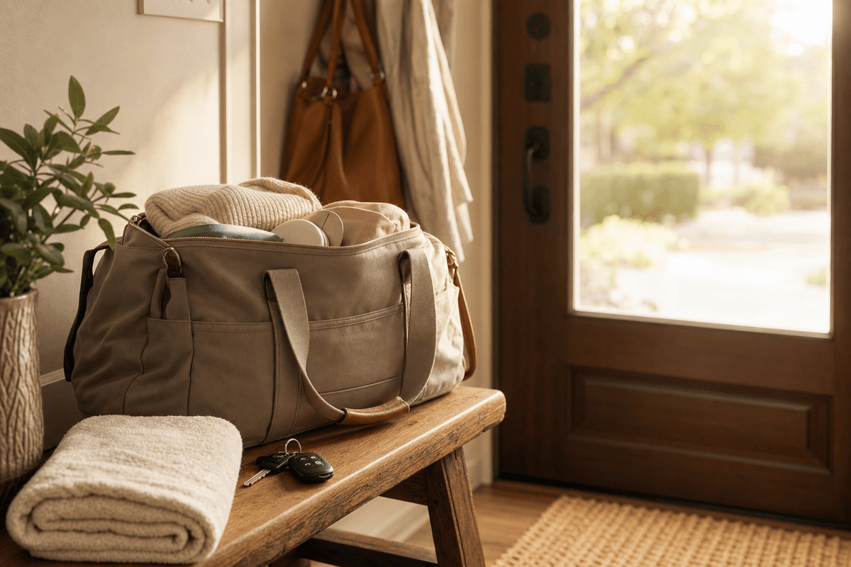 A packed canvas hospital bag and folded towel resting on a wooden bench by a sunlit front door, with car keys ready, evoking calm readiness to head to the hospital.