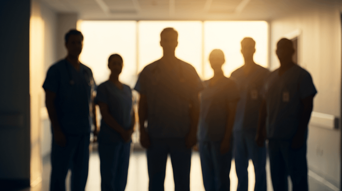 Silhouettes of medical professionals standing together, bathed in warm golden backlighting