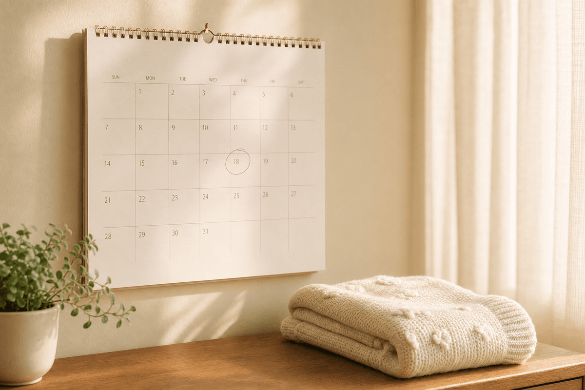 A wall calendar with one date softly circled in pencil, beside a folded knit baby blanket and a small plant in warm morning light, evoking patient, unhurried waiting.
