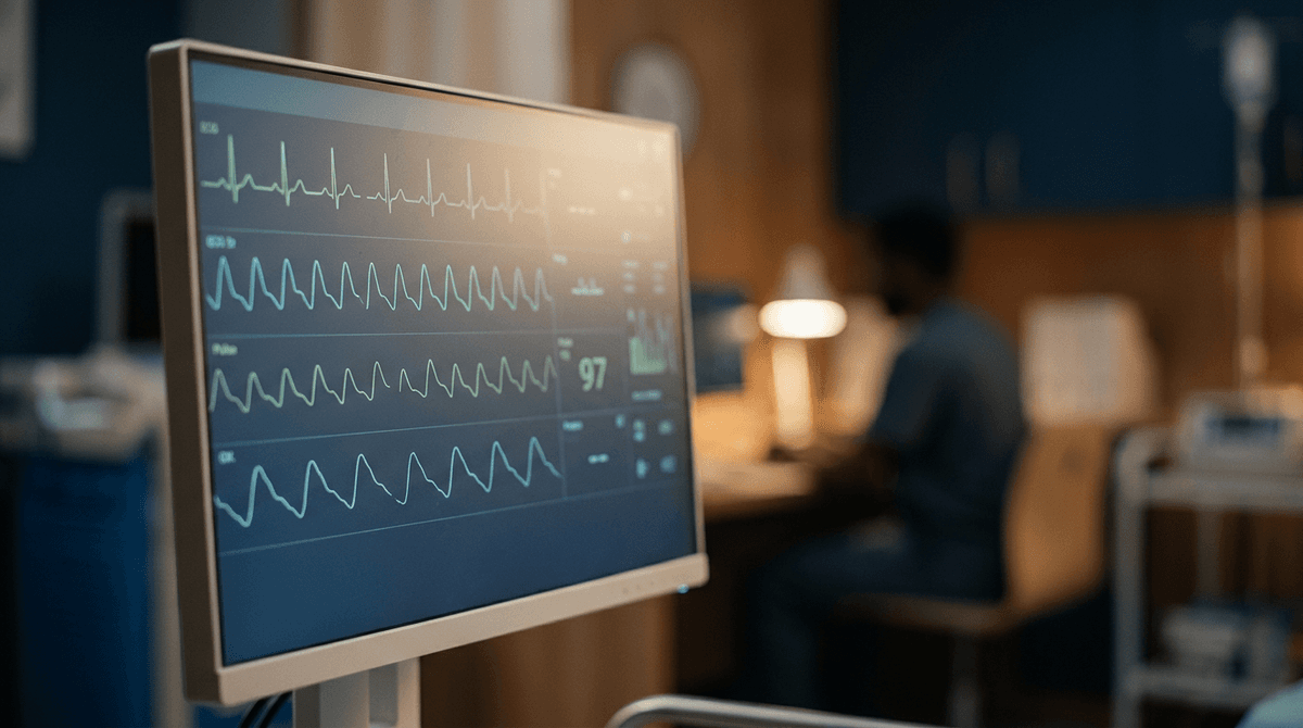 A softly glowing medical monitor displaying steady waveforms, conveying reassurance and attentive care