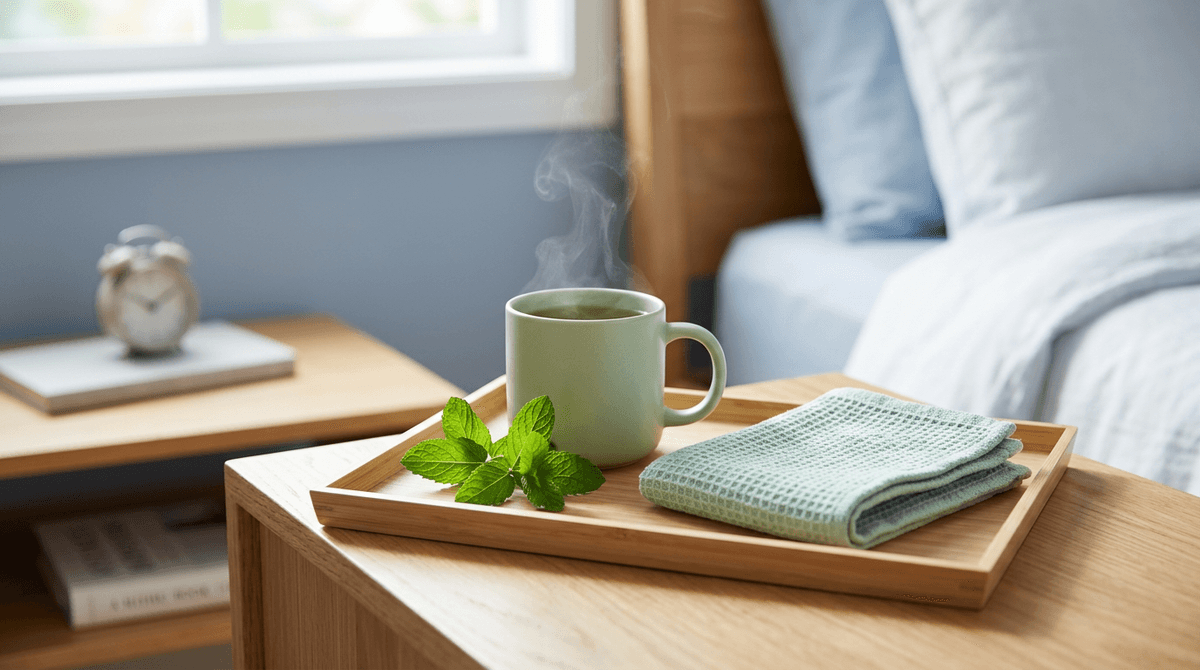 A cup of peppermint tea steaming gently next to fresh mint on a modern tray, calming and restorative