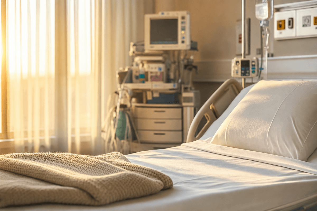 A neatly made hospital bed with a soft knit blanket in warm golden light, monitoring equipment gently blurred in the background, evoking calm, attentive care