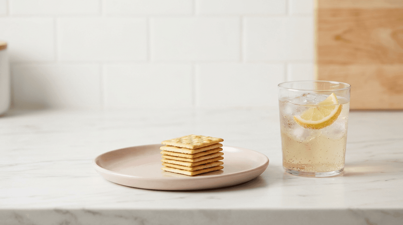 A neat stack of saltine crackers on a ceramic plate next to ginger ale, in minimalist editorial style