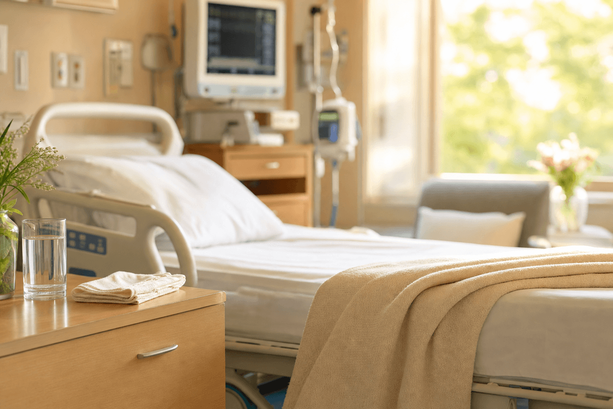 A sunlit hospital recovery room in soft golden morning light, with a warm cream blanket folded over a neatly made bed and a glass of water nearby, evoking calm recovery