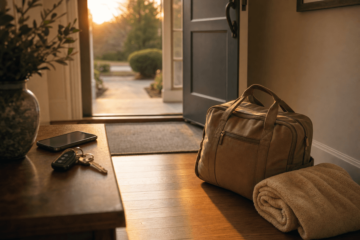 A packed hospital duffel bag and a rolled soft blanket waiting by an open front door at golden hour, car keys and a phone resting on a side table nearby.