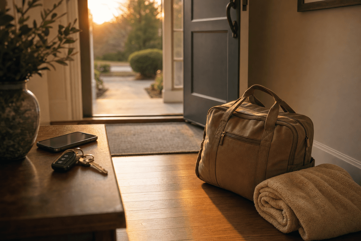 A packed hospital duffel bag and a rolled soft blanket waiting by an open front door at golden hour, car keys and a phone resting on a side table nearby.