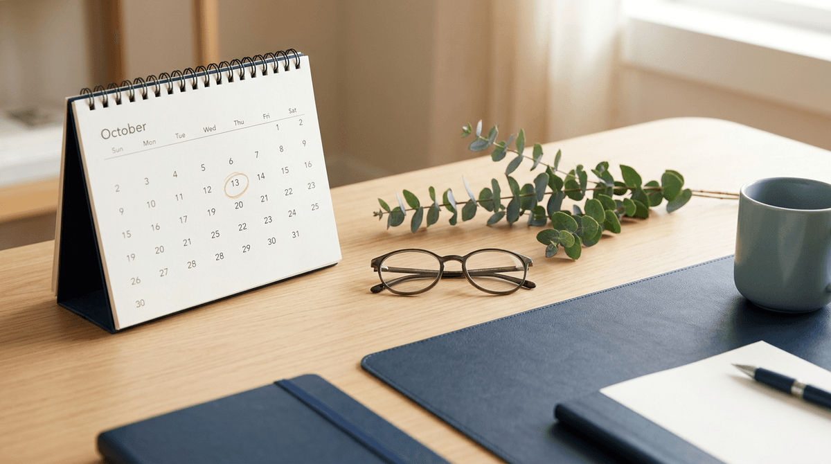A clean desk with a calendar, reading glasses, and eucalyptus in soft natural light