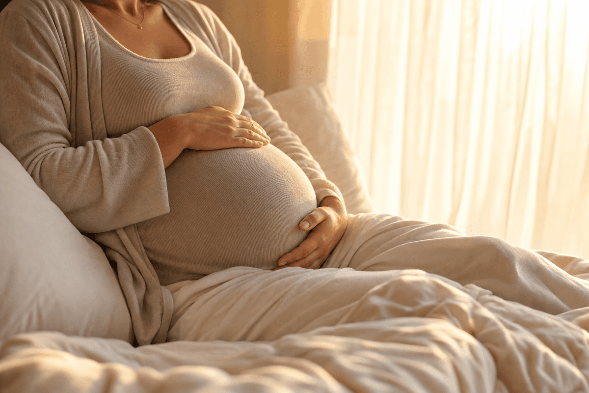 A pregnant woman resting on a bed in warm golden light, both hands gently cradling her belly as she quietly attends to her baby's movement.