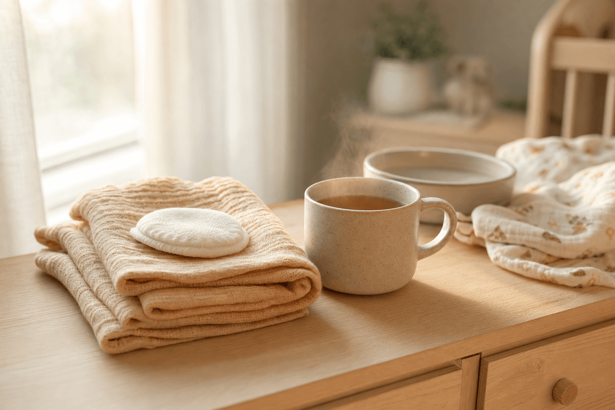 A warm folded cloth with a soft compress and a steaming mug of tea on a sunlit nursery dresser, evoking gentle relief in the early postpartum days