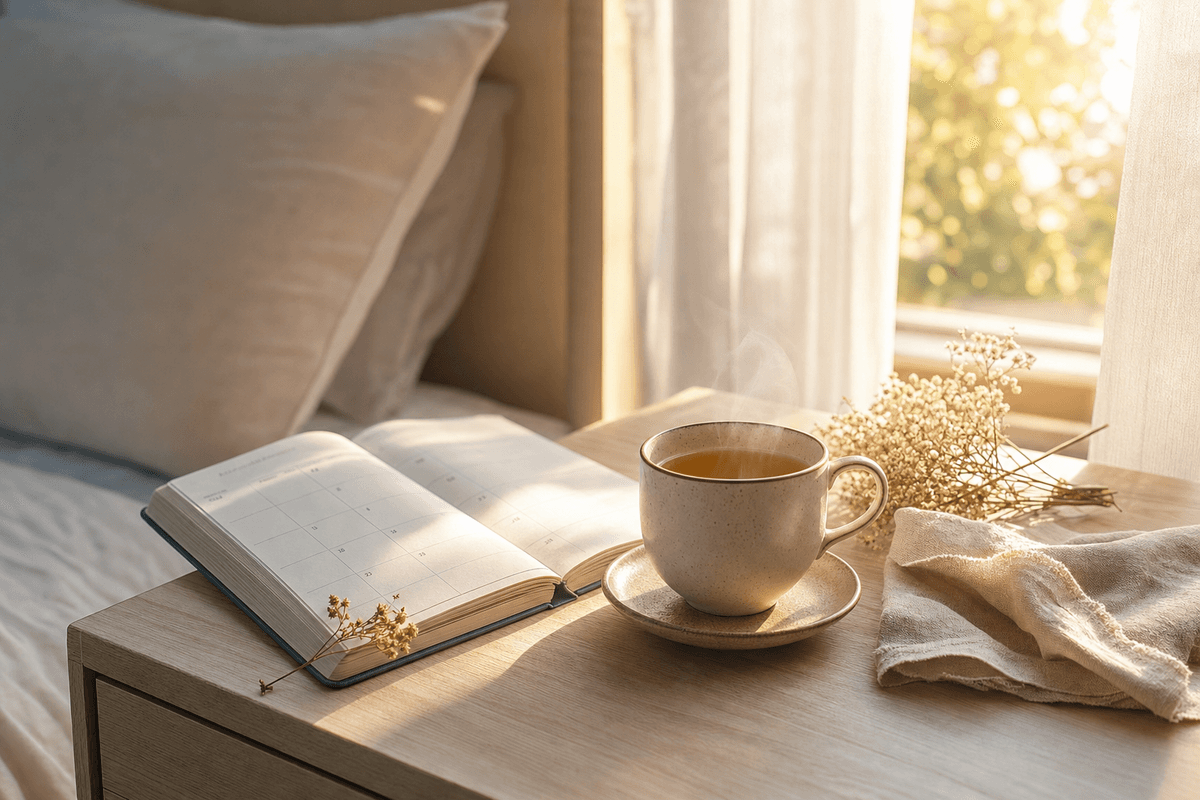 An open diary beside a steaming cup of herbal tea and dried flowers on a sunlit bedside table, evoking quiet attentiveness to the body's natural rhythms.