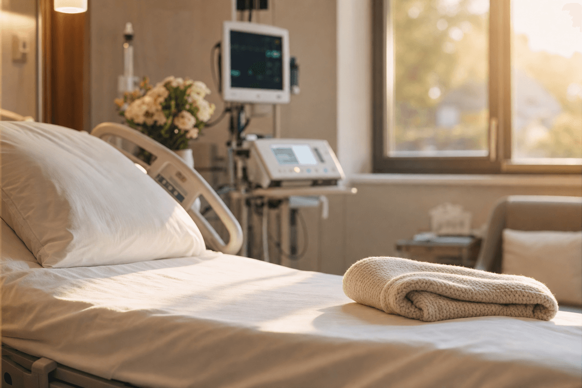 A softly lit hospital labor room in warm golden afternoon light, with a neatly made bed, a folded knit baby blanket, and monitoring equipment gently out of focus.