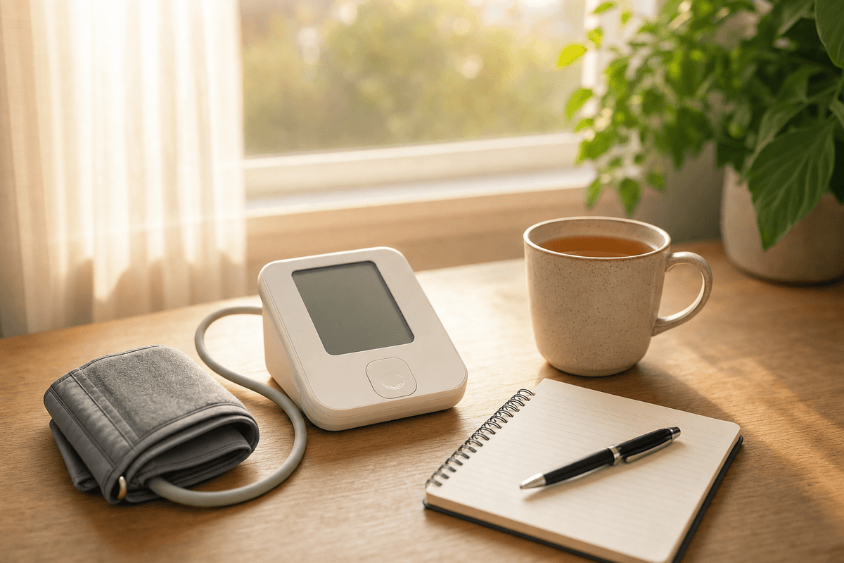 A home blood-pressure monitor with a soft cuff rests beside a warm mug of tea and an open notebook on a sunlit table, evoking calm at-home readings