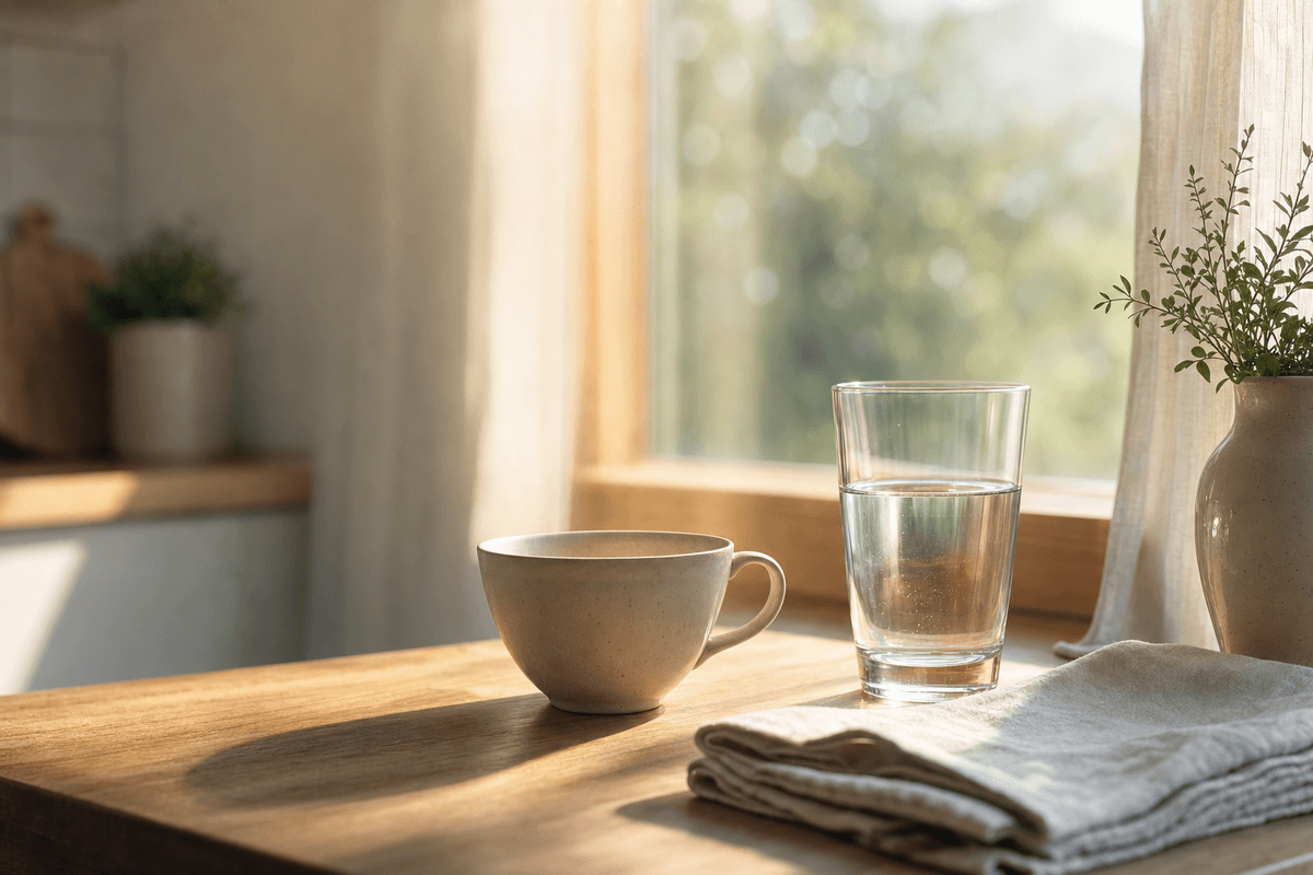 An empty ceramic teacup and a clear glass of water on a wooden table by a sunlit kitchen window, evoking the calm pause before a procedure.