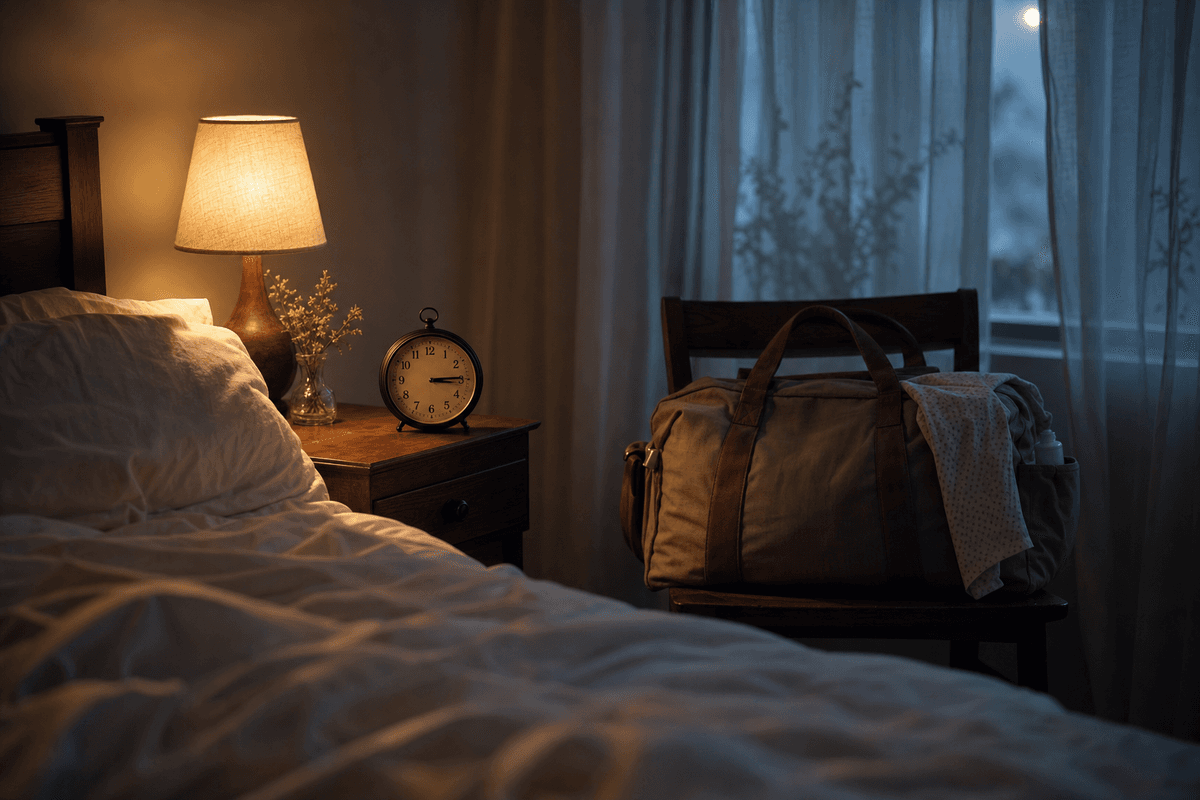 A warm bedside lamp glowing beside an analog clock and a packed hospital bag in a quiet bedroom at night, evoking labor that begins in the small hours.