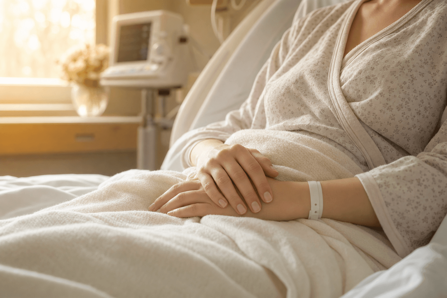 A new mother's hands resting gently over a soft blanket as she recovers in a sunlit hospital bed, with a softly blurred monitor and flowers nearby