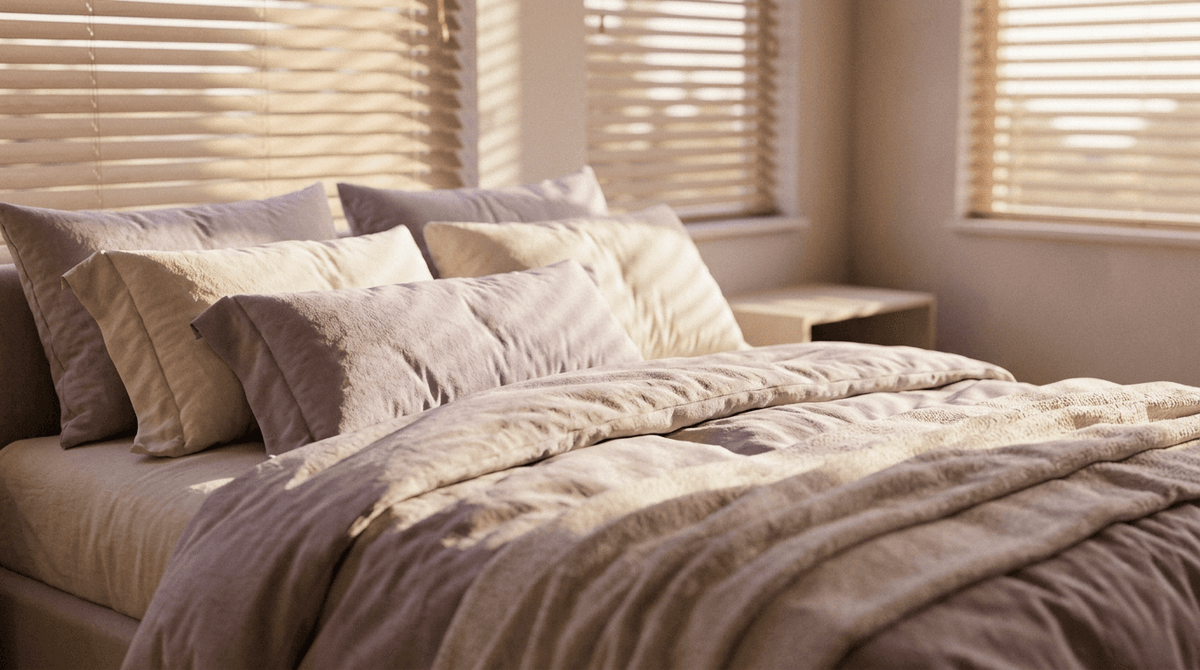 A beautifully made bed with plush pillows bathed in soft afternoon sunlight filtering through blinds